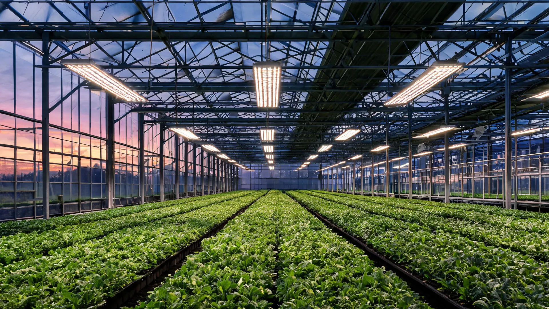 Gavita horticultural luminaires operating above a professional greenhouse crop